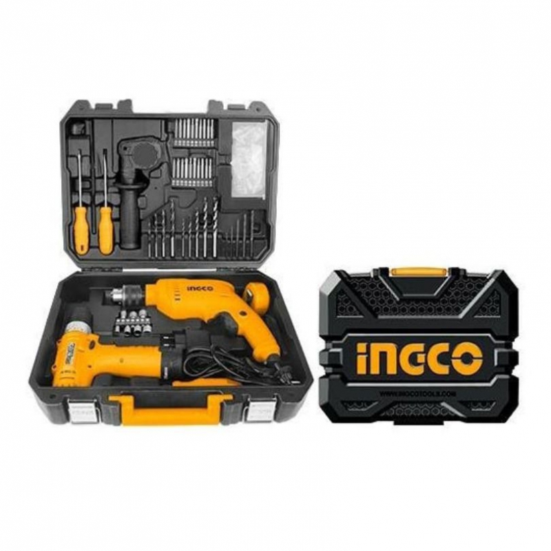 Bộ 108 món dụng cụ gia đình INGCO HKTHP11081( gồm 1 máy khoan pin 12V CDLI12415, Máy khoan búa ID6808)