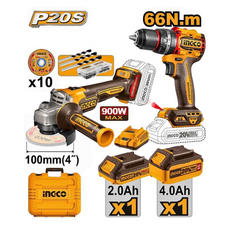 Bộ combo Máy mài góc (CAGLI21104) & Máy khoan búa (CIDLI206681) dùng pin 20V INGCO  CKLI2027310