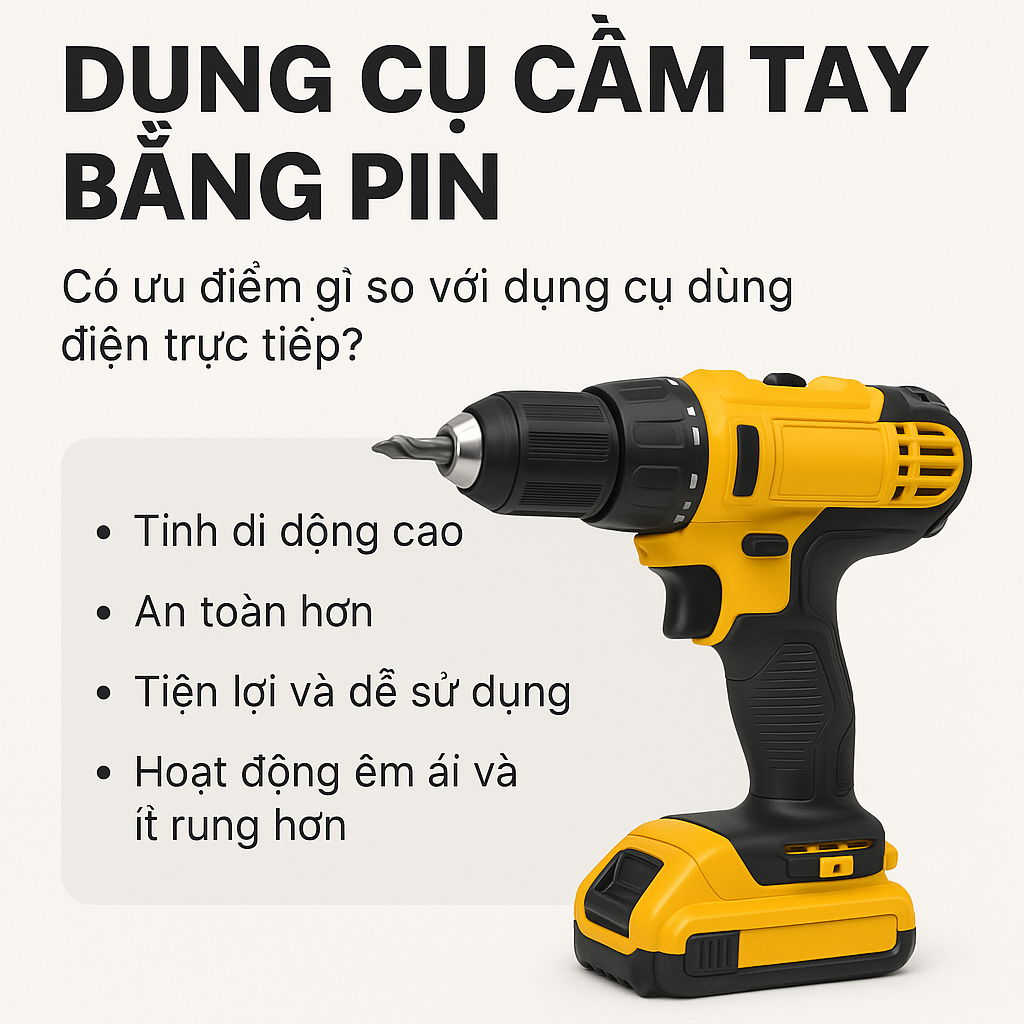 Dụng cụ cầm tay bằng pin có ưu điểm gì so với dụng cụ dùng điện trực tiếp?