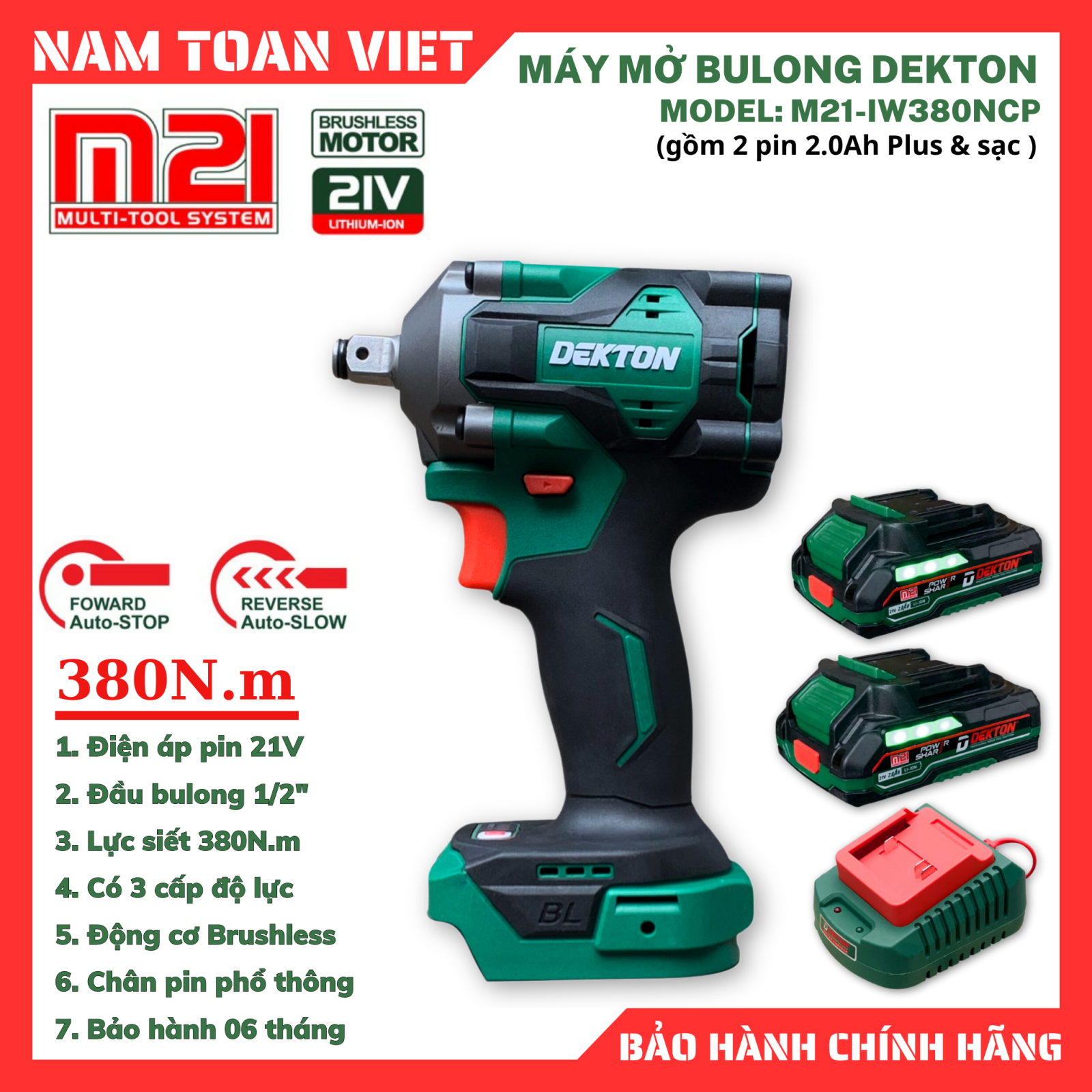 Máy Siết Bulong Dekton  M21-IW380NCP (Gồm 2 Pin 2.0Ah Plus & Sạc)