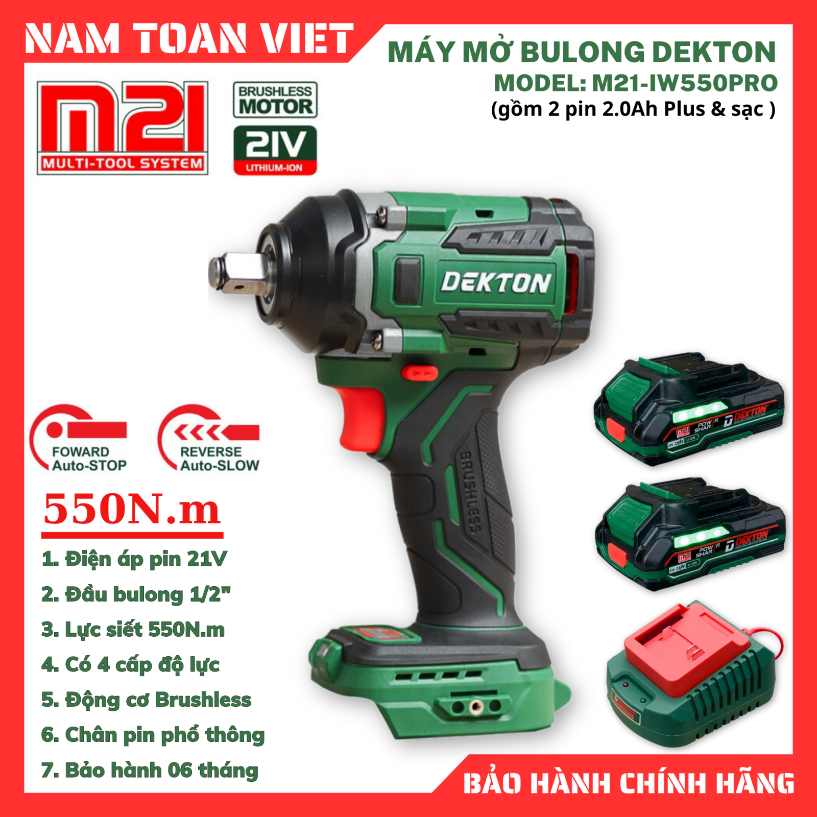 Máy Siết Bulong Dekton M21-IW550PRO (Gồm 2 Pin 2.0Ah Plus + 1 Sạc)