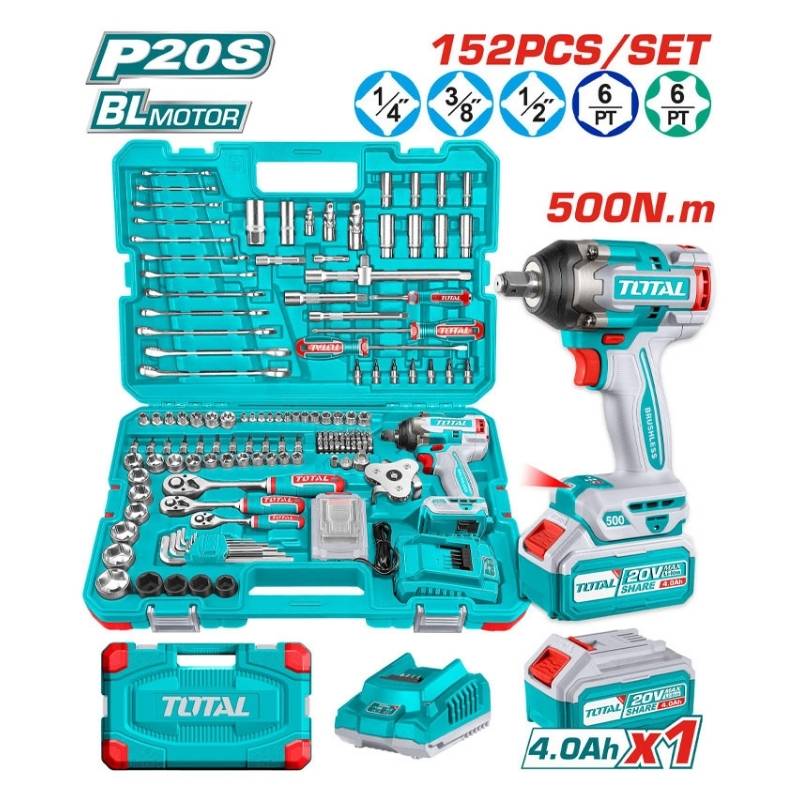 Bộ 152 món bao gồm máy siết bulong IWLI2050 dùng pin 20V Total THKTHP31522