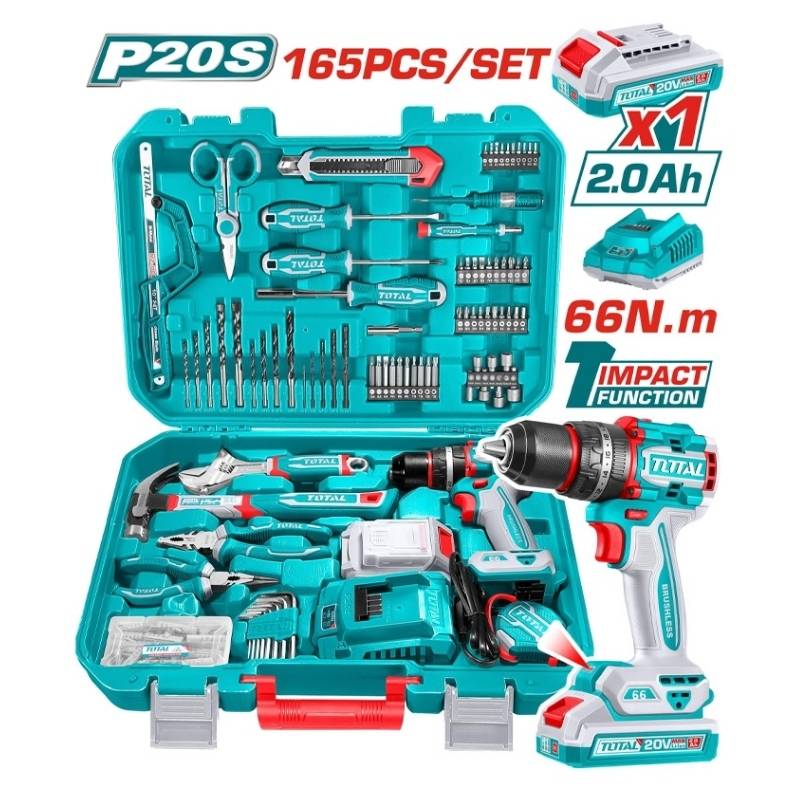 Bộ 165 món bao gồm máy khoan búa TIDLI20668 dùng pin 20V Total THKTHP11652