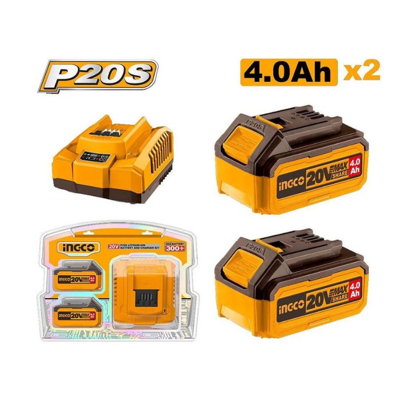 Bộ 2 pin 4.0Ah và 1 đầu sạc Lithium-Ion P20S INGCO FBCPK1424