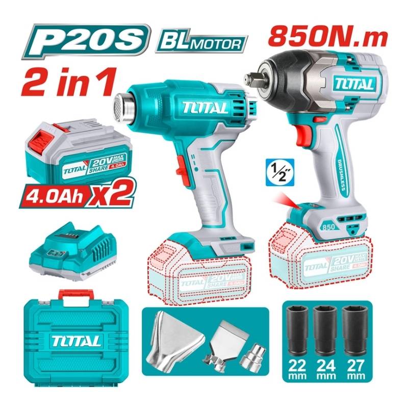 Bộ máy siết bu lông và máy thổi nóng dùng pin 20V Total TOSLI240489 