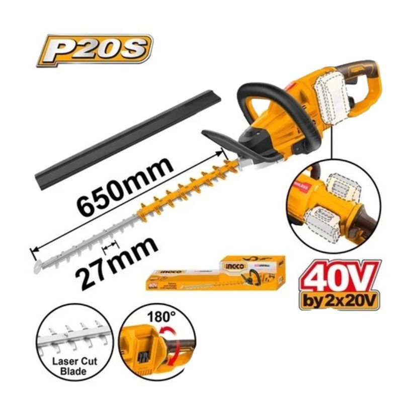 Máy cắt tỉa hàng rào dùng pin 2x20V- 650mm (chưa kèm pin và sạc) INGCO CHTLI40028
