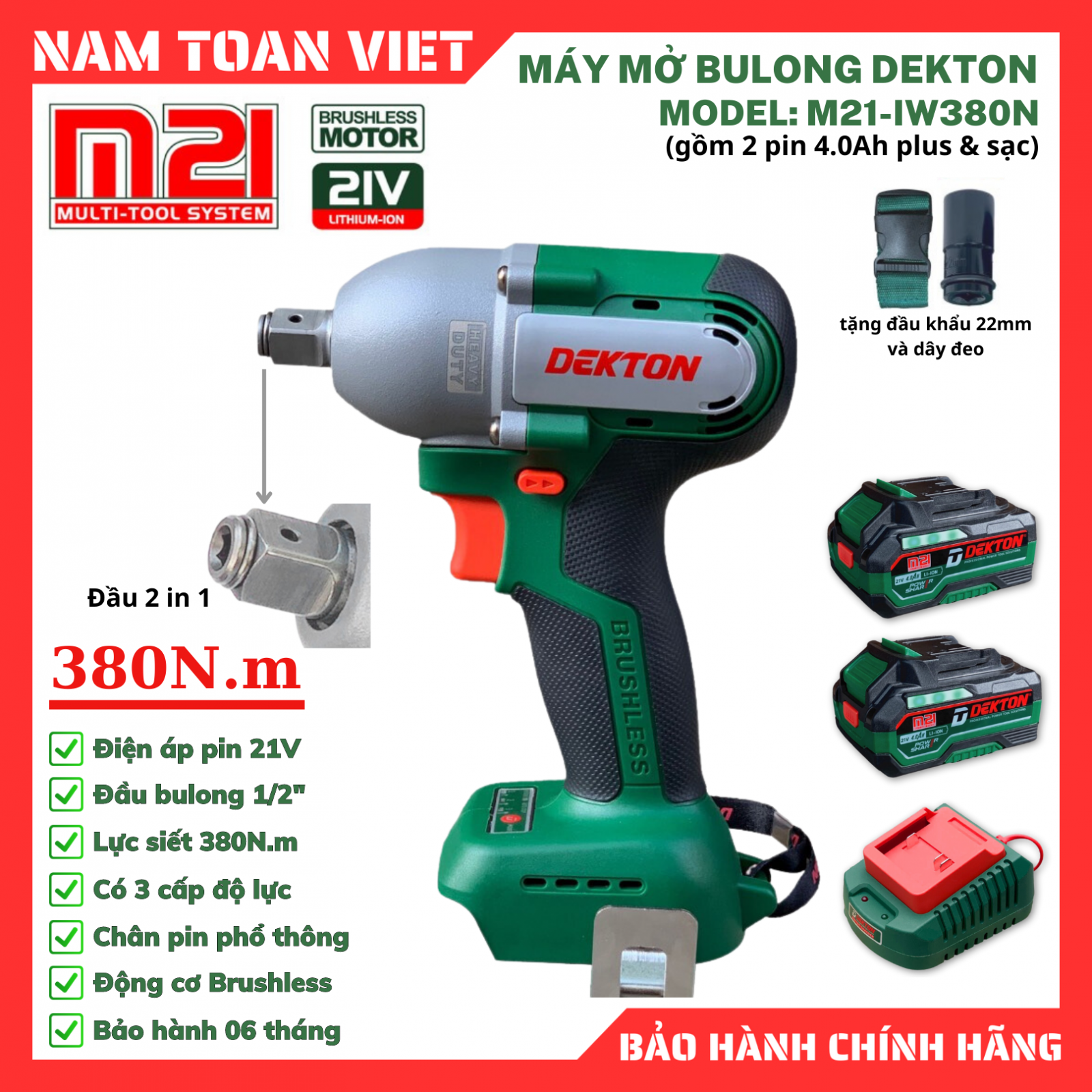 Máy Siết Bulong 2 Trong 1 Dekton M21-IW380N (Gồm 2 Pin 4.0Ah Plus & Sạc) 