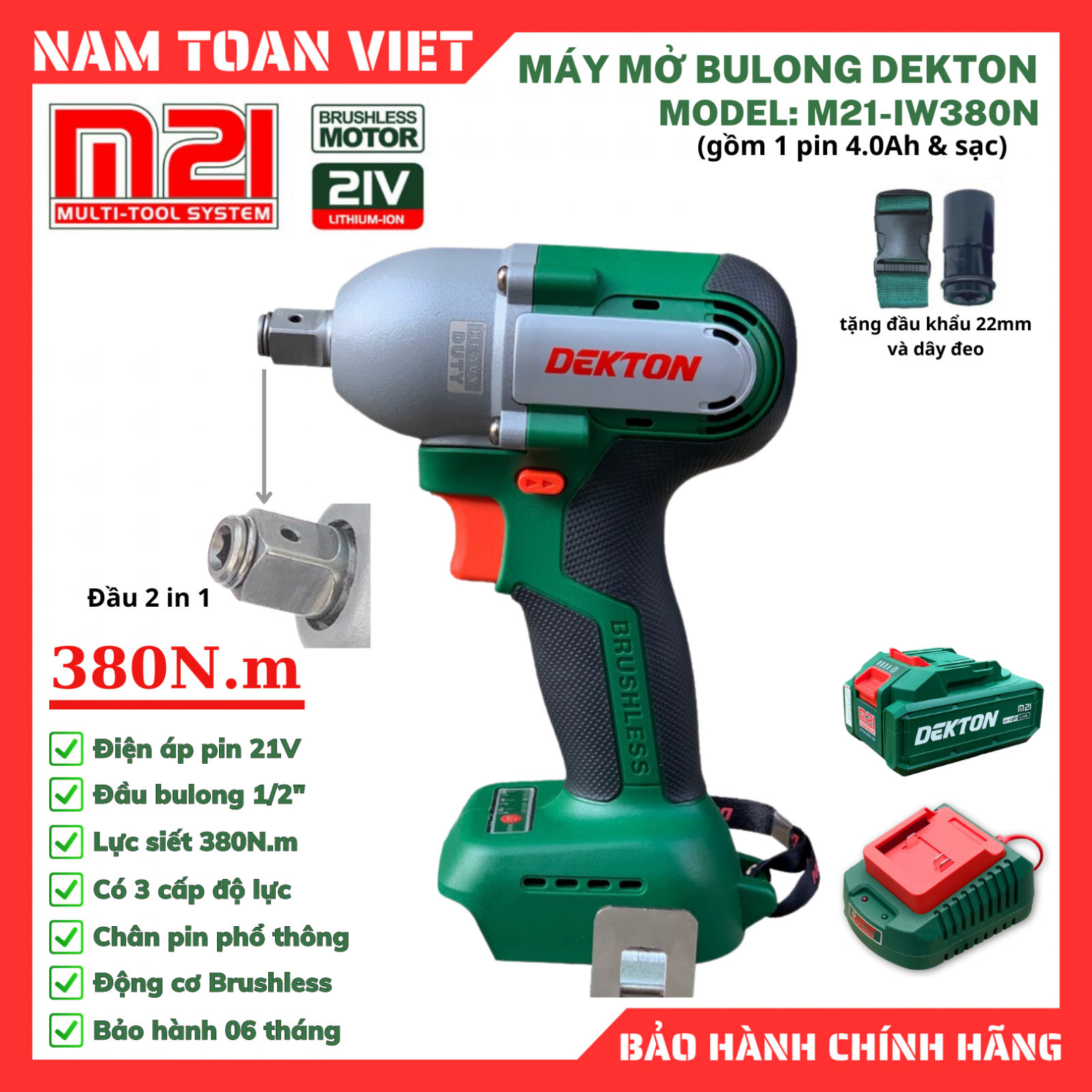 Máy Siết Bulong 2 Trong 1 Dekton M21-IW380N (Gồm 1 Pin 4.0Ah & Sạc)