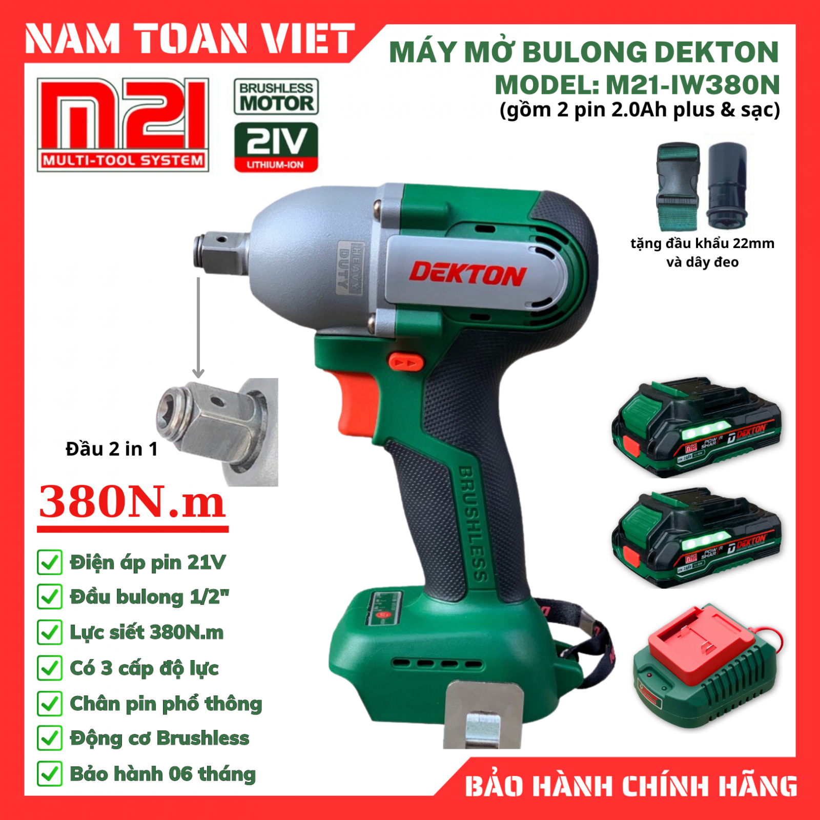 Máy Siết Bulong 2 Trong 1 Dekton M21-IW380N (Gồm 2 Pin 2.0Ah Plus & Sạc)