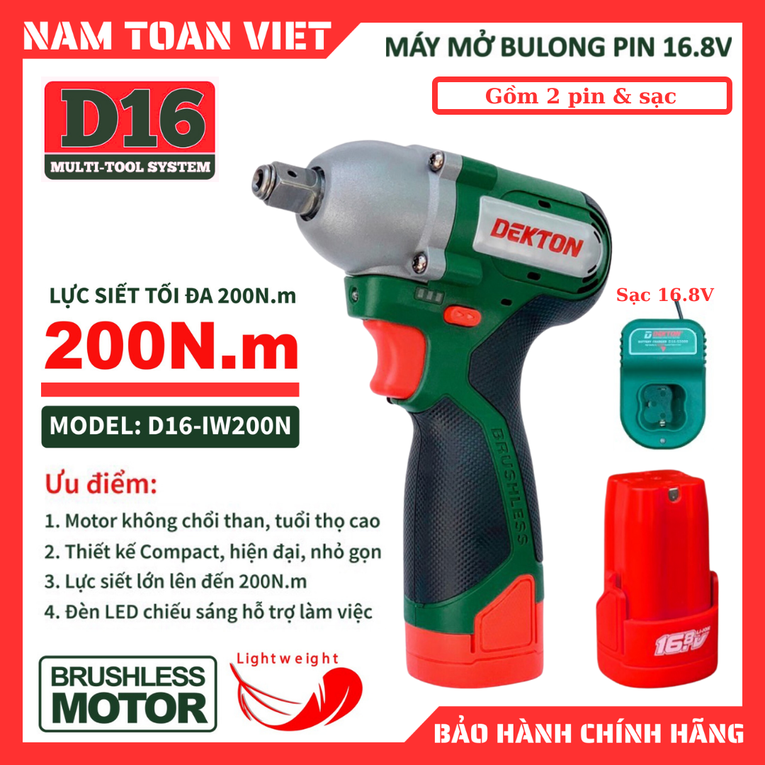 Máy Siết Bulong Dekton  D16-IW200N (Gồm 2 Pin & Sạc)